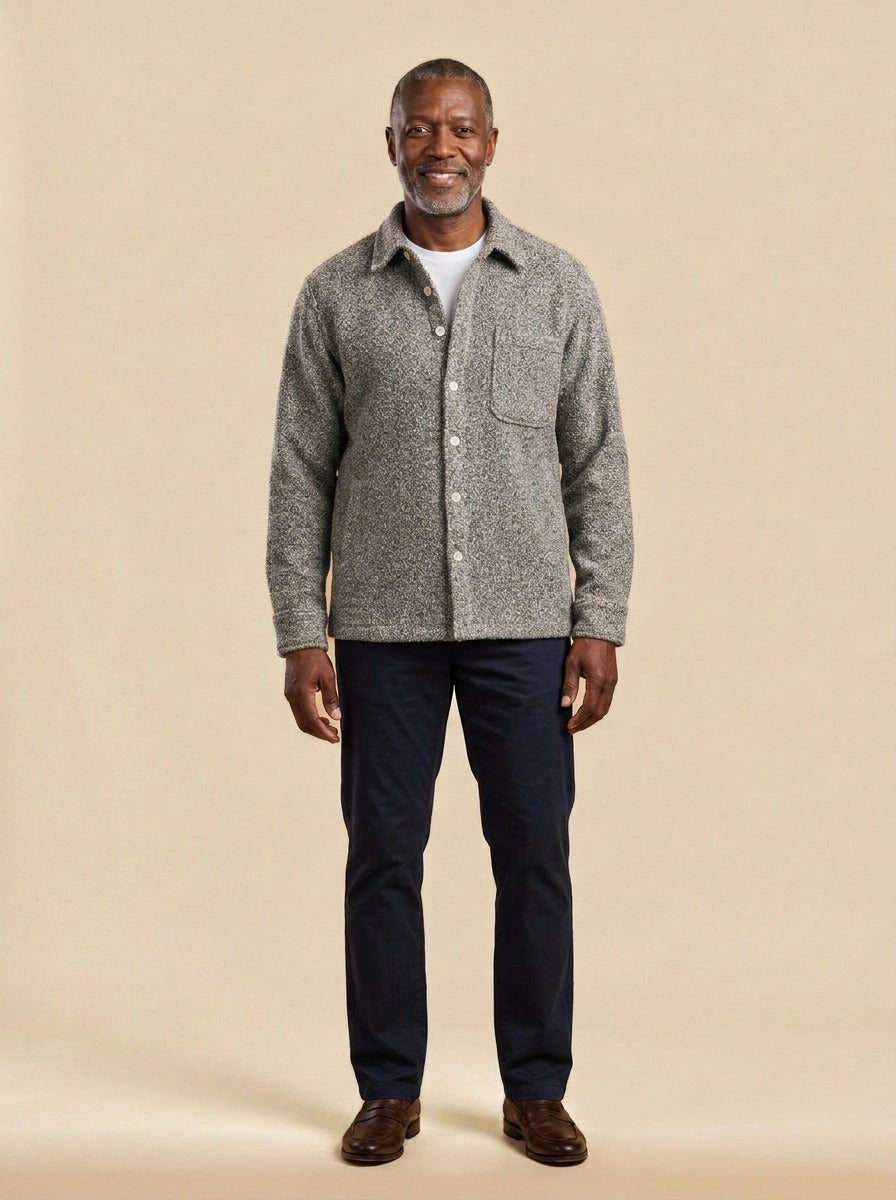 Callahan boucle shirt jacket in Grey, studio, Gentlemens Manor