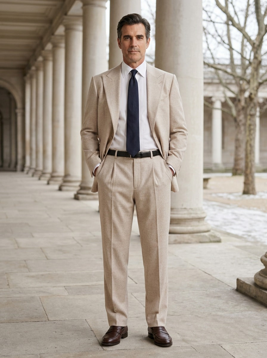 Calloway two piece suit in Beige, lifestyle, Gentlemens Manor