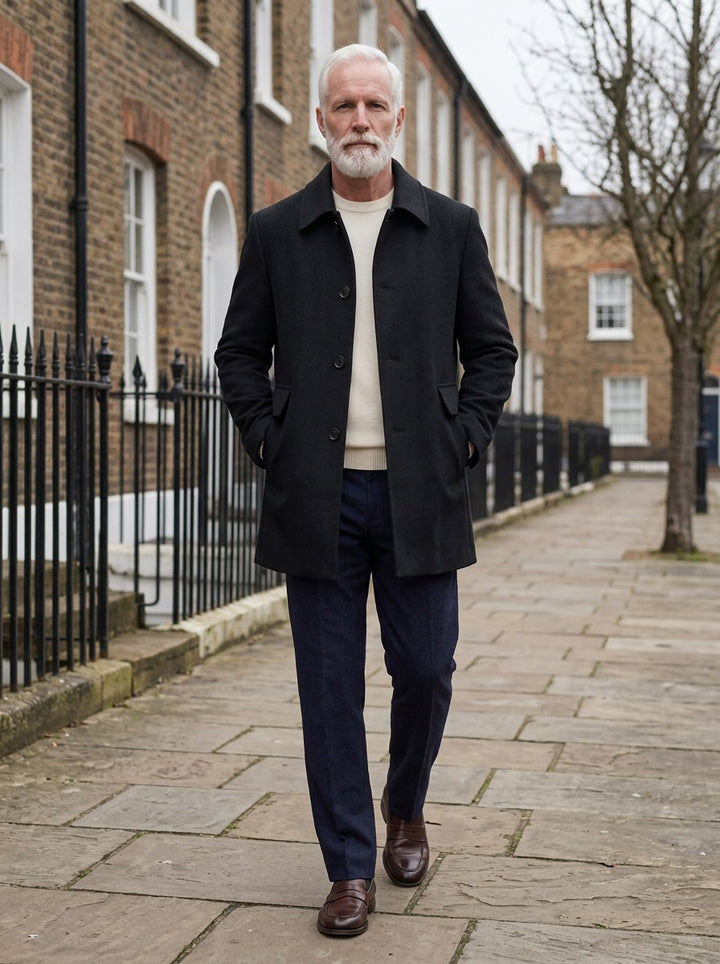 Calvert wool blend car coat in Black, lifestyle on a street of brick row houses, Gentlemens Manor