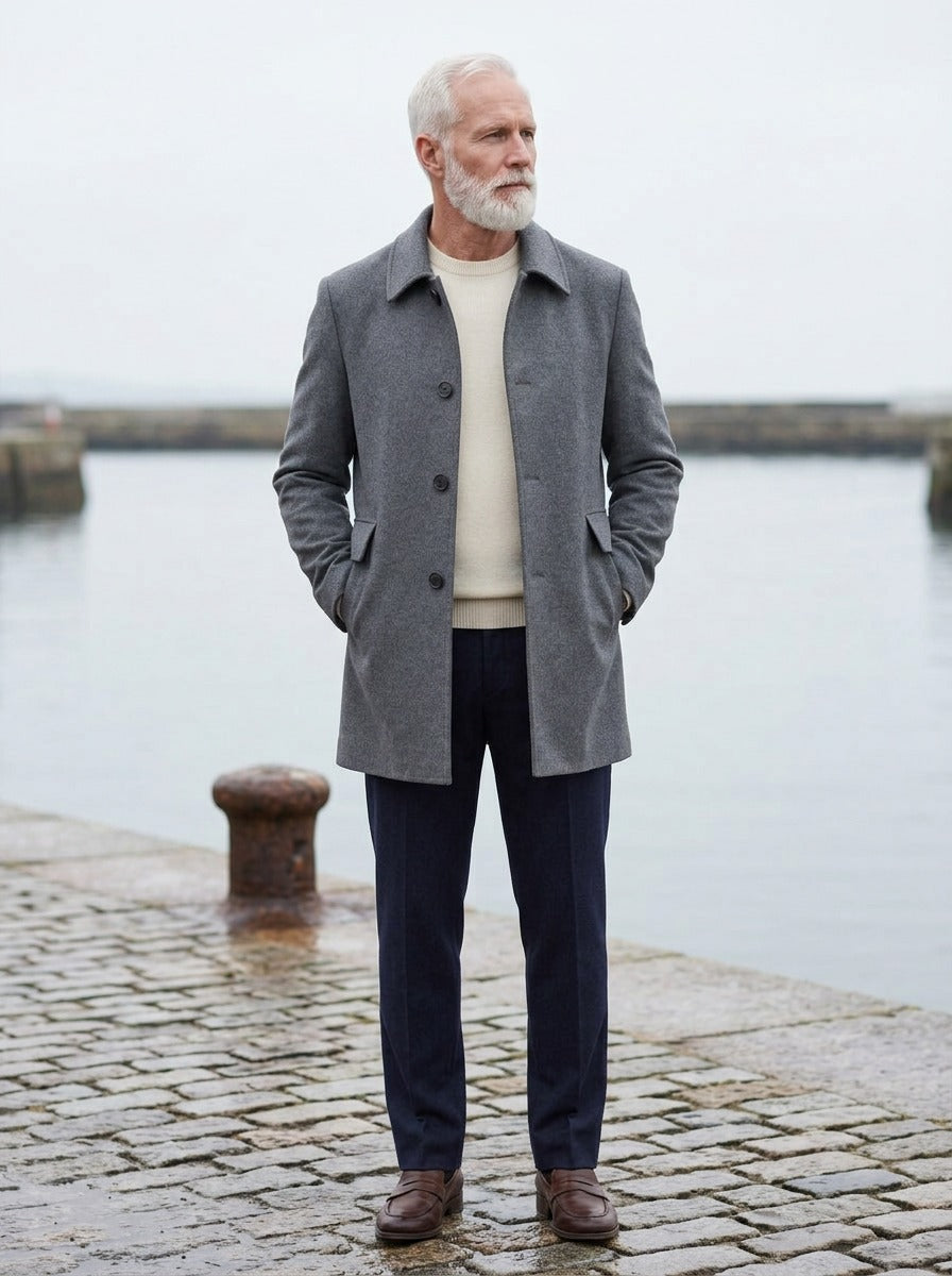Calvert wool blend car coat in Grey, lifestyle on a stone harbor quay, Gentlemens Manor