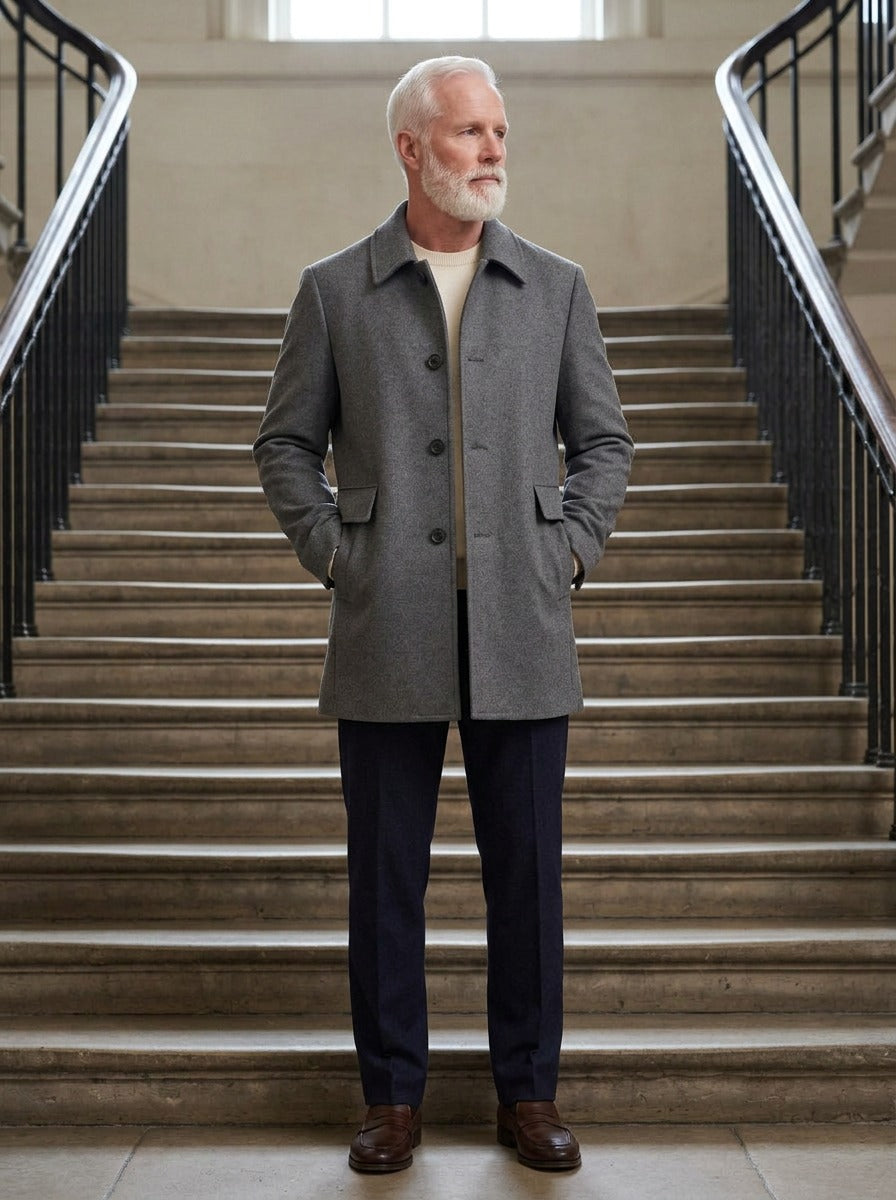 Calvert wool blend car coat in Grey, lifestyle on a civic stone staircase, Gentlemens Manor