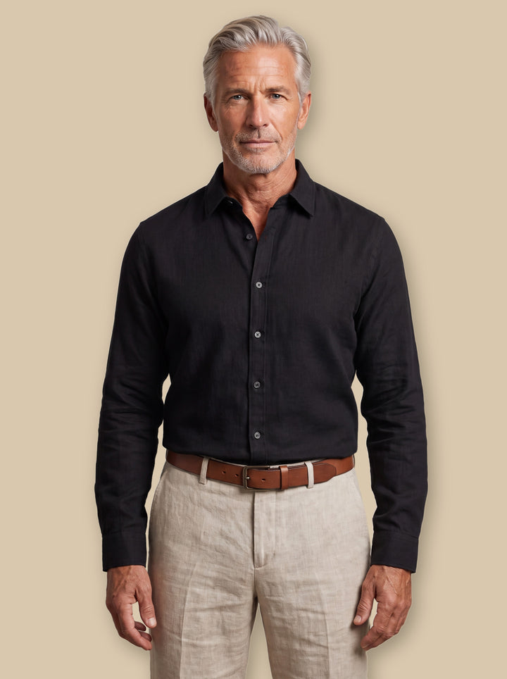 Calvin casual shirt in Black, worn by a model on a warm sand studio background - Gentlemens Manor