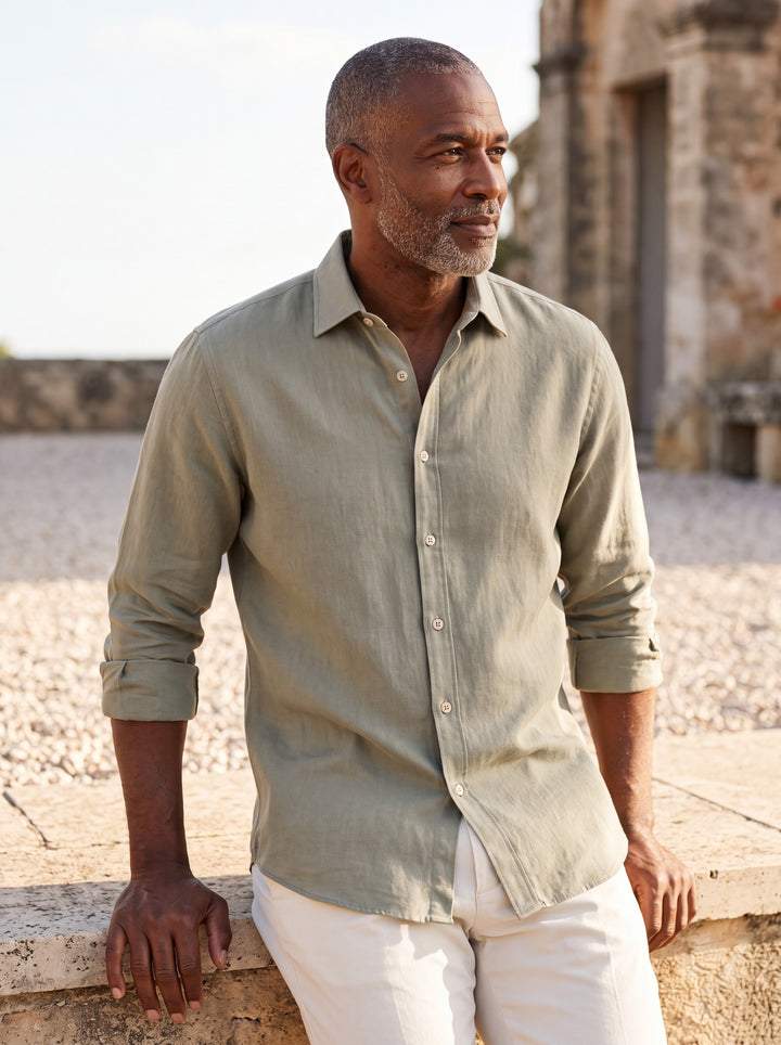 Calvin shirt in Grey, worn by a model in a Mediterranean setting - Gentlemens Manor lifestyle