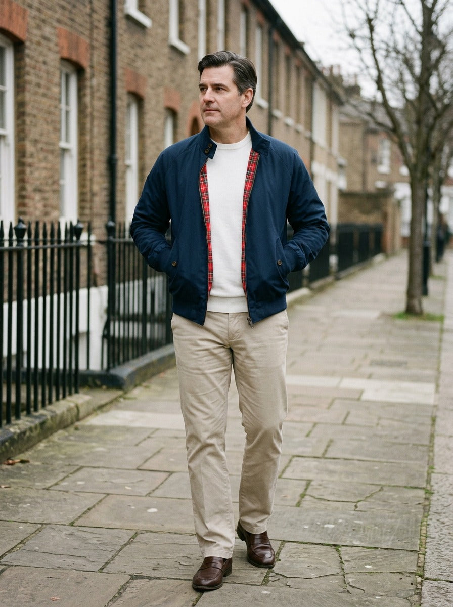 Camden tartan lined harrington jacket in Navy, lifestyle on a street of brick row houses, Gentlemens Manor