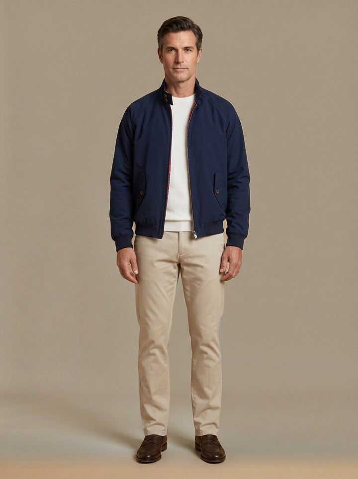 Camden tartan lined harrington jacket in Navy, studio, Gentlemens Manor