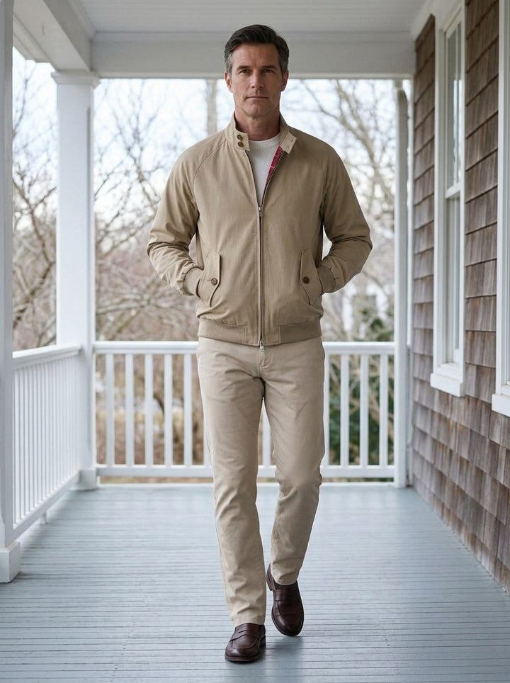Camden tartan lined harrington jacket in Sand, lifestyle on a covered porch, Gentlemens Manor