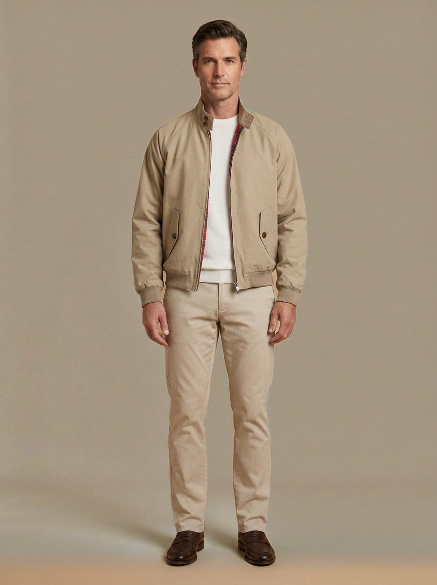 Camden tartan lined harrington jacket in Sand, studio, Gentlemens Manor