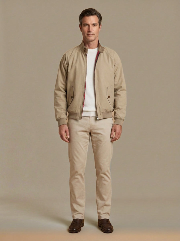 Camden tartan lined harrington jacket in Sand, studio, Gentlemens Manor