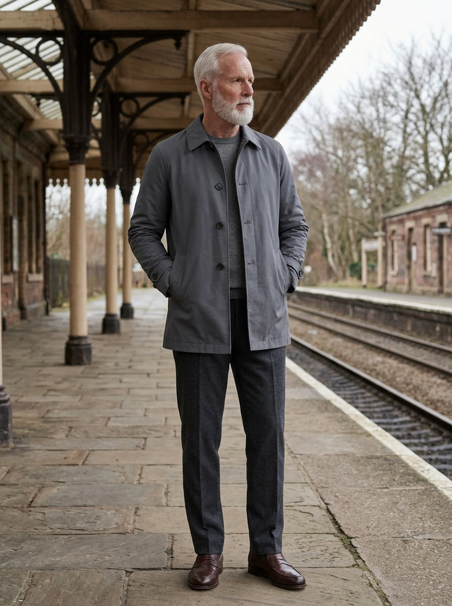 Cameron point collar car coat in Grey, lifestyle on a railway platform, Gentlemens Manor