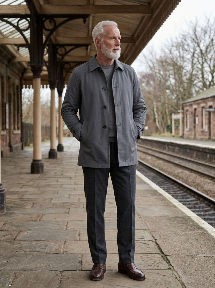 Cameron point collar car coat in Grey, lifestyle on a railway platform, Gentlemens Manor