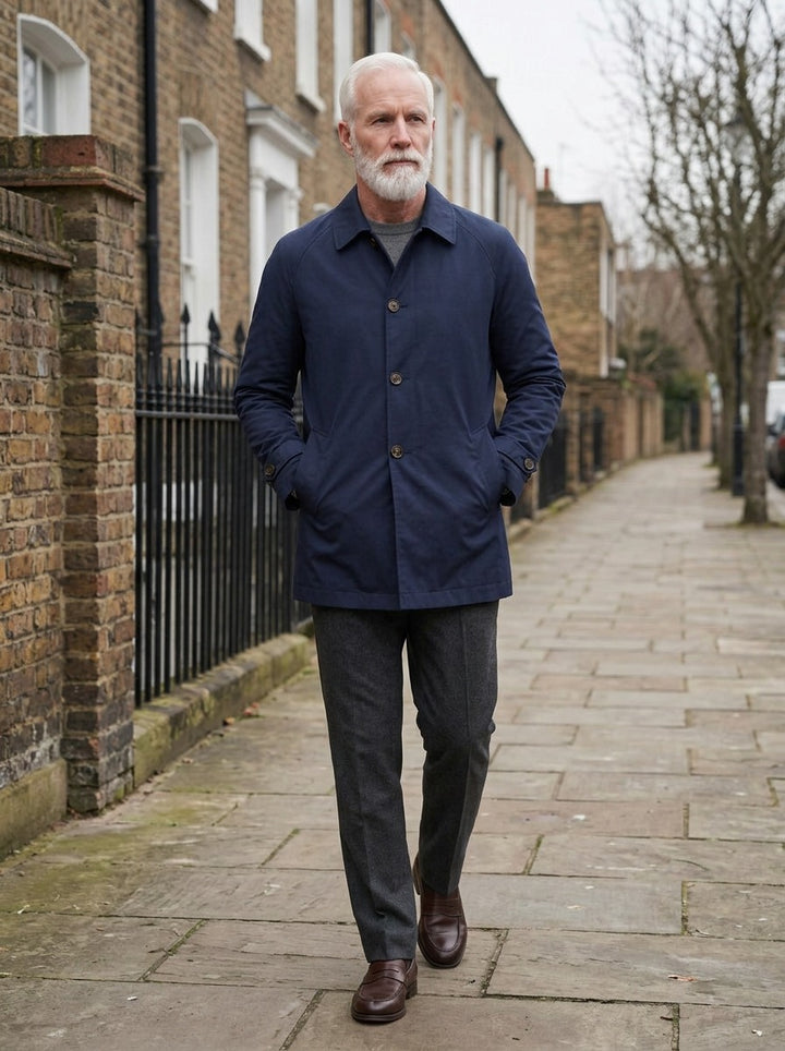 Cameron point collar car coat in Navy, lifestyle on a street of brick row houses, Gentlemens Manor