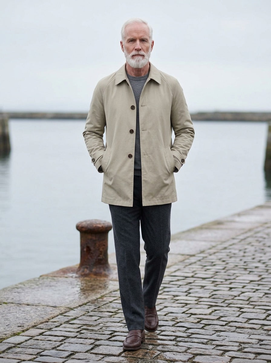 Cameron point collar car coat in Sand, lifestyle on a stone harbor quay, Gentlemens Manor