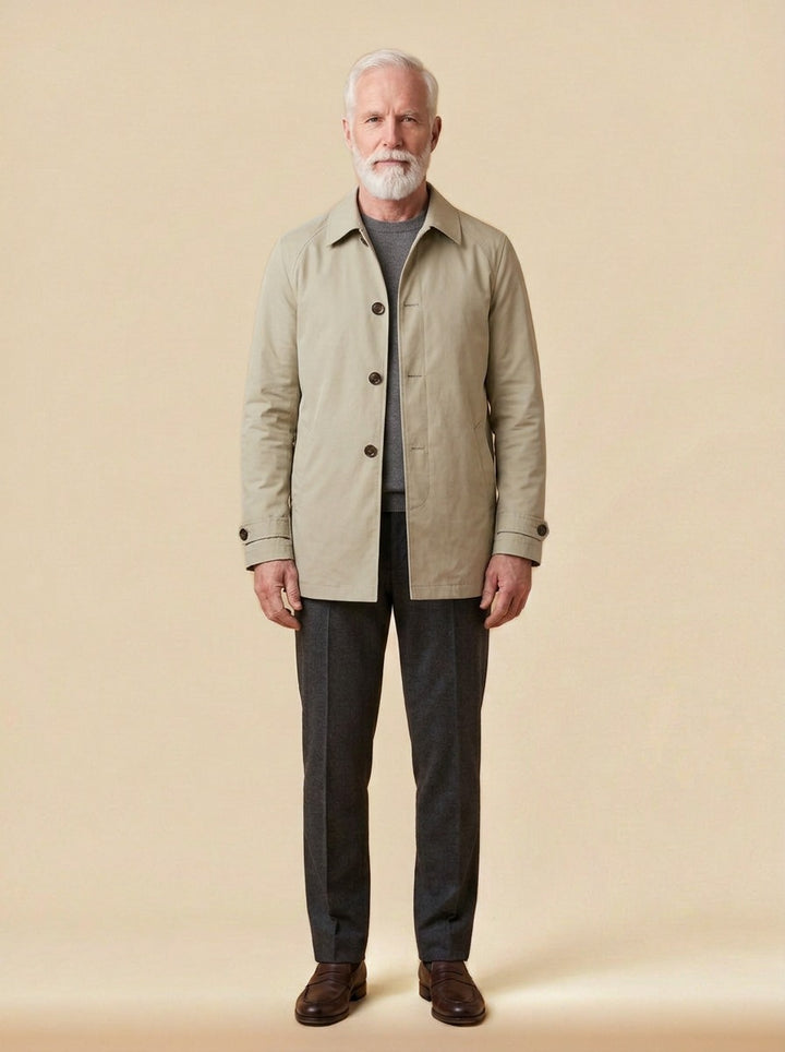 Cameron point collar car coat in Sand, studio, Gentlemens Manor