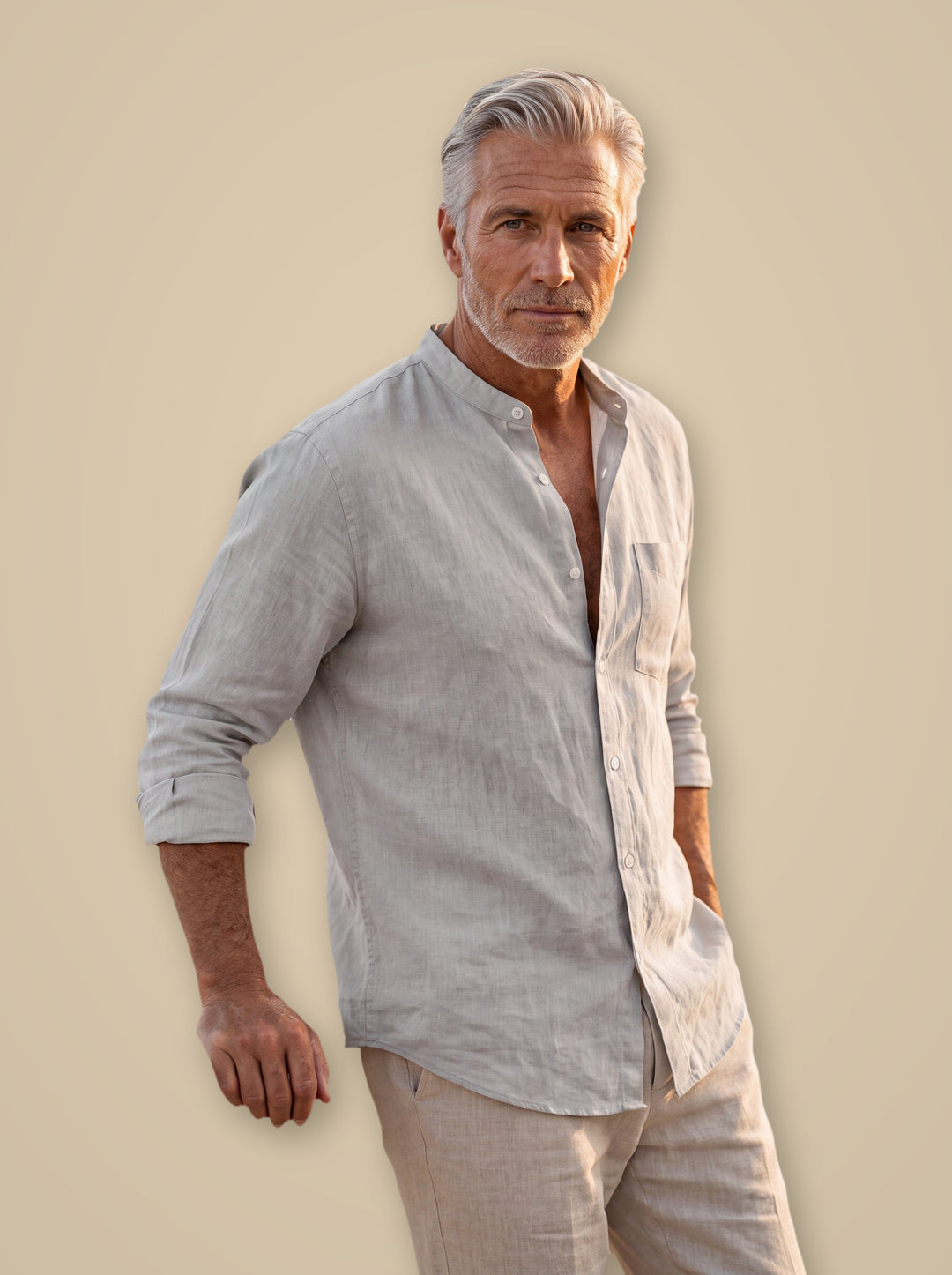 Carl linen shirt in Light Grey, studio - Gentlemens Manor