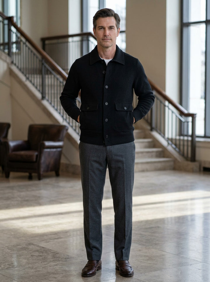 Carleton ribbed hem button jacket in Black, lifestyle in a hotel lobby, Gentlemens Manor