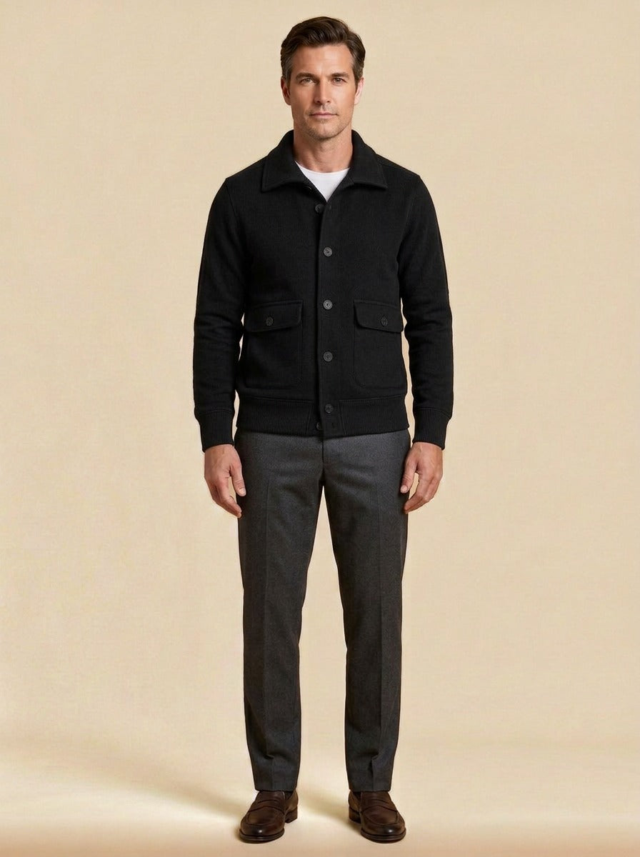 Carleton ribbed hem button jacket in Black, studio, Gentlemens Manor