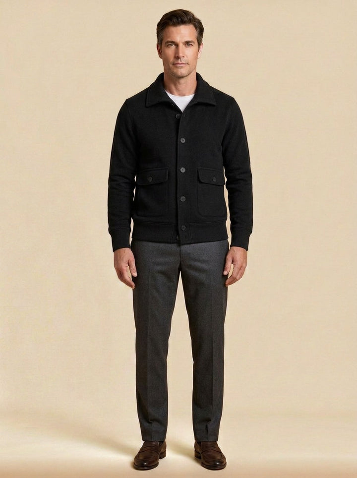 Carleton ribbed hem button jacket in Black, studio, Gentlemens Manor