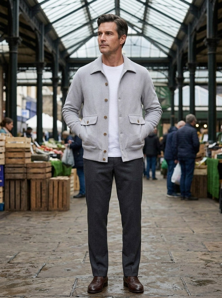 Carleton ribbed hem button jacket in Light Grey, lifestyle in a covered market hall, Gentlemens Manor