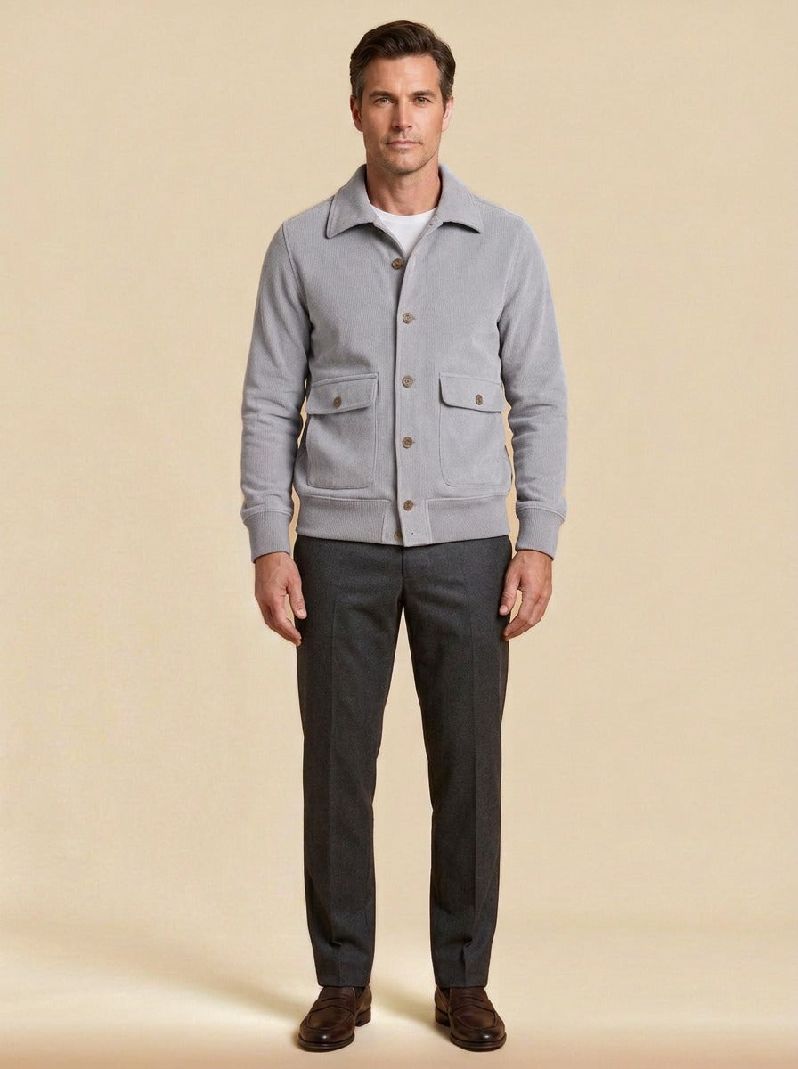 Carleton ribbed hem button jacket in Light Grey, studio, Gentlemens Manor