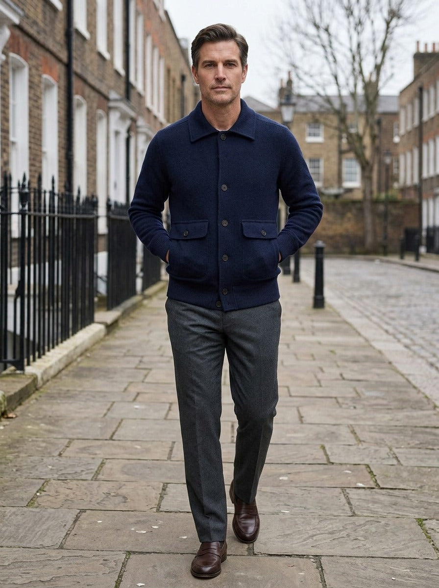 Carleton ribbed hem button jacket in Navy, lifestyle on a street of brick row houses, Gentlemens Manor