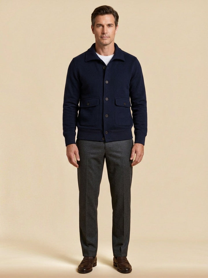 Carleton ribbed hem button jacket in Navy, studio, Gentlemens Manor