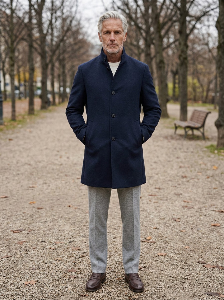 Carlisle coat in Navy, lifestyle on a park path, Gentlemens Manor