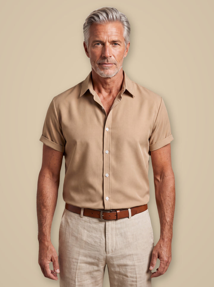 Carlton casual shirt in Sand, worn by a model on a warm taupe studio background - Gentlemens Manor