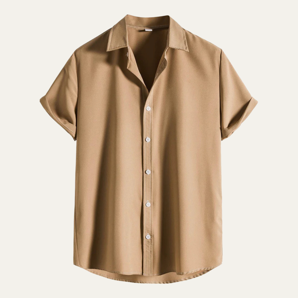 Carlton short sleeve shirt in Sand, product flat lay - Gentlemens Manor