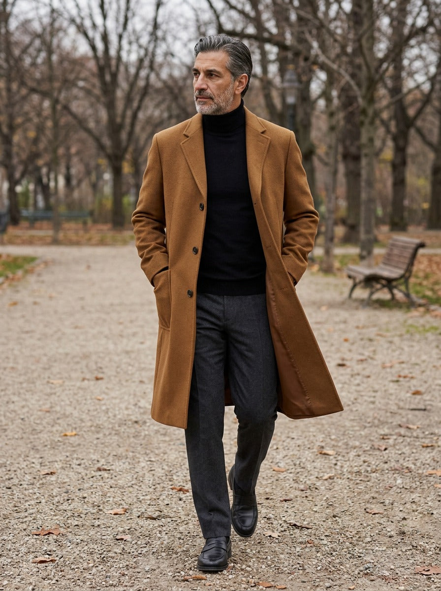 Carmichael overcoat in Brown, lifestyle on a park path, Gentlemens Manor