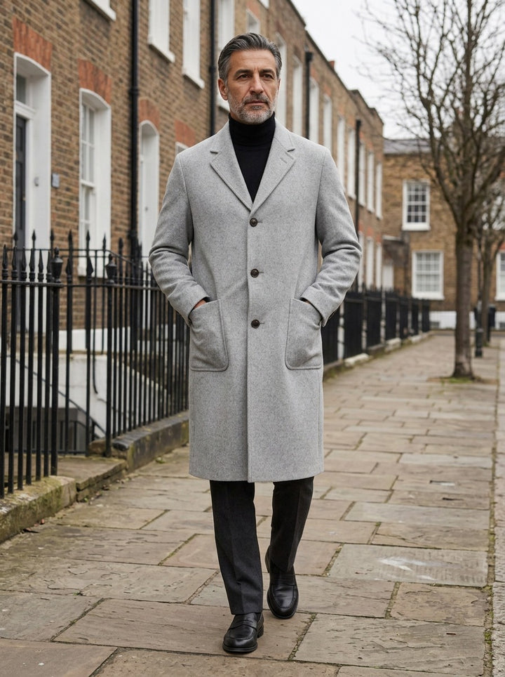 Carmichael overcoat in Grey, lifestyle on a street of brick row houses, Gentlemens Manor