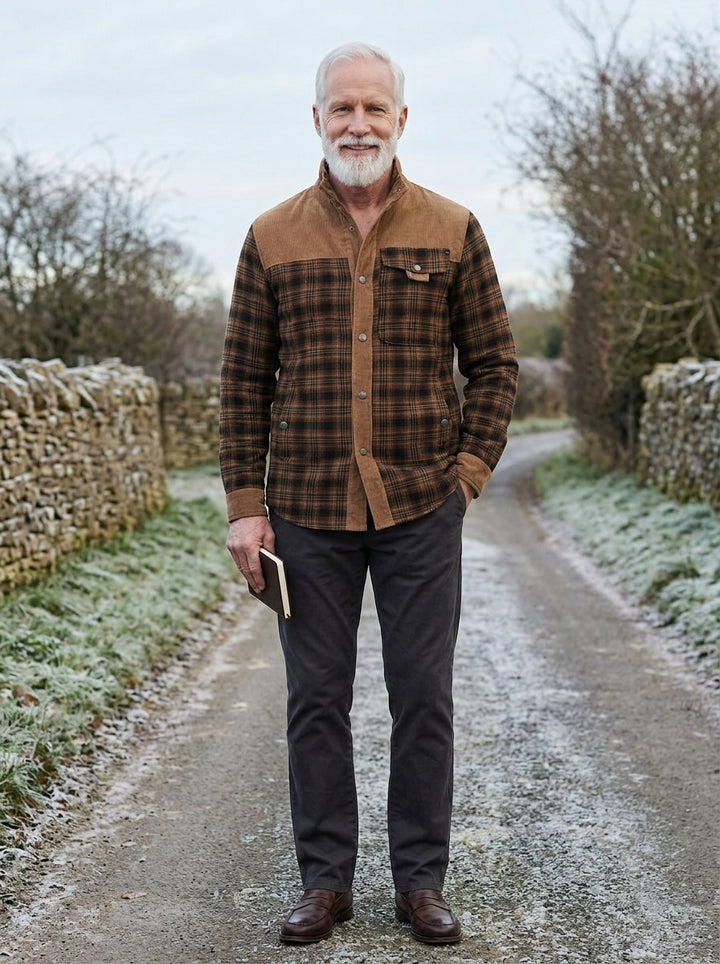 Carrick shirt jacket in Brown, lifestyle on a country lane, Gentlemens Manor