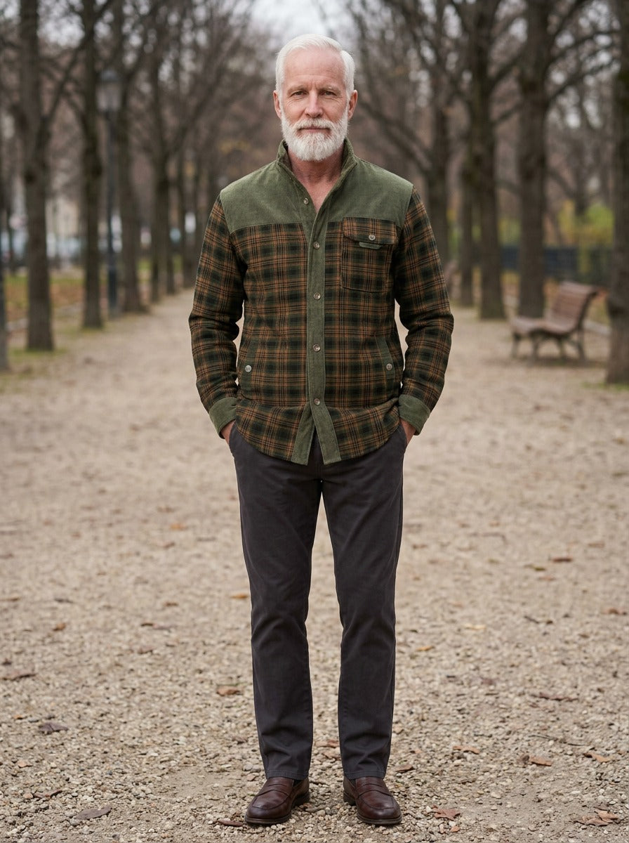 Carrick shirt jacket in Green, lifestyle on a park path, Gentlemens Manor