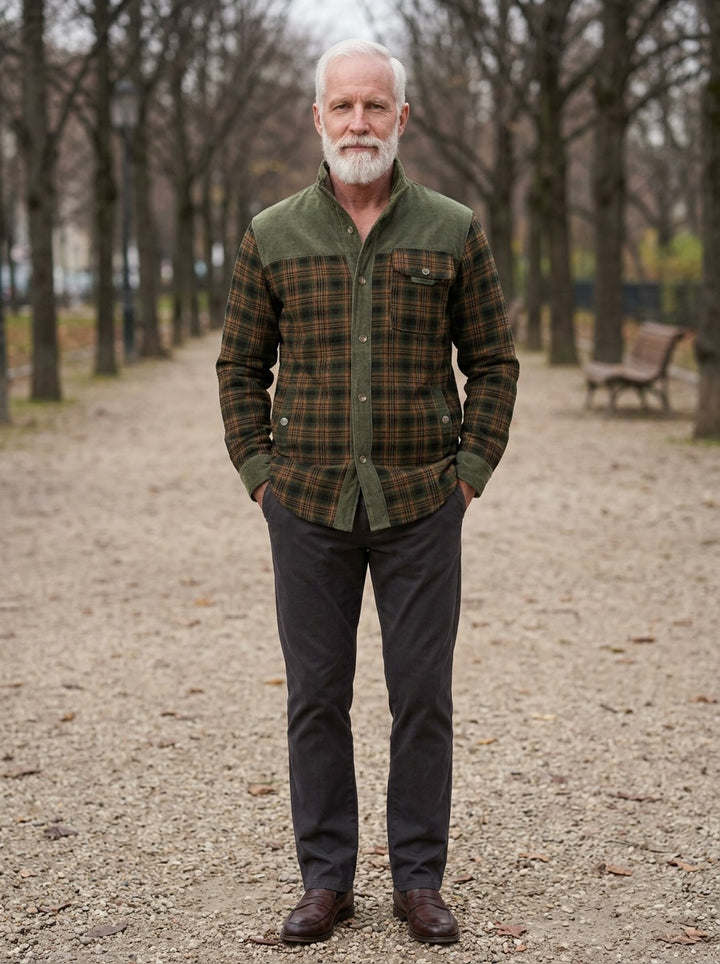 Carrick shirt jacket in Green, lifestyle on a park path, Gentlemens Manor
