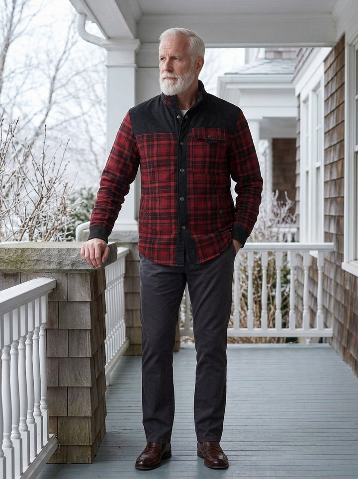 Carrick shirt jacket in Red, lifestyle on a covered porch, Gentlemens Manor