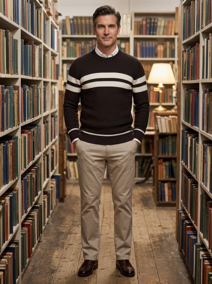 Carrington sweater in Brown, lifestyle in a secondhand bookshop, Gentlemens Manor