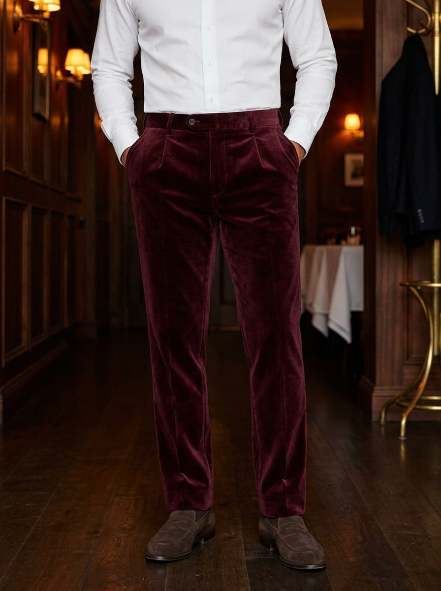 Carroll velvet dress pants in Burgundy, lifestyle, Gentlemens Manor