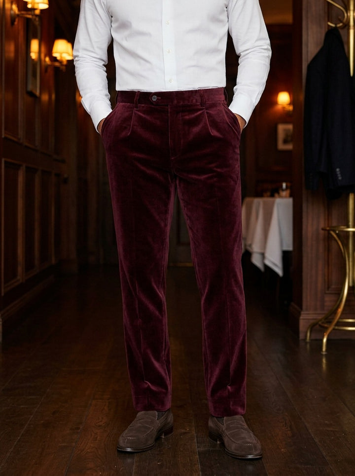 Carroll velvet dress pants in Burgundy, lifestyle, Gentlemens Manor