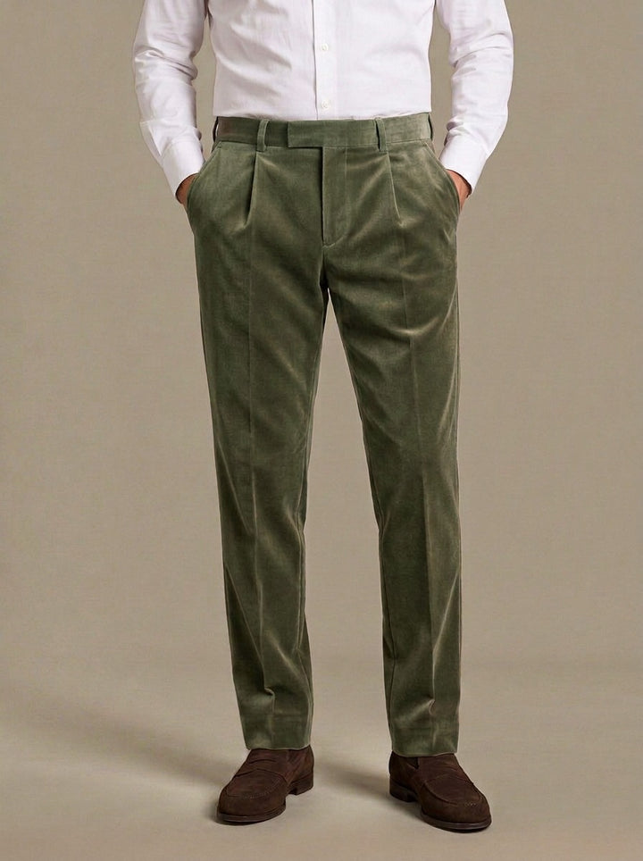 Carroll velvet dress pants in Olive, studio, Gentlemens Manor