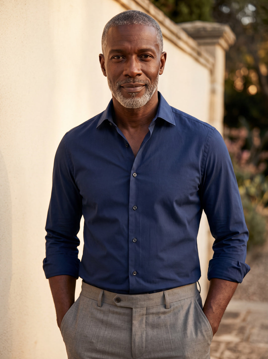 Carter shirt in Black, worn by a model in a Mediterranean setting - Gentlemens Manor lifestyle