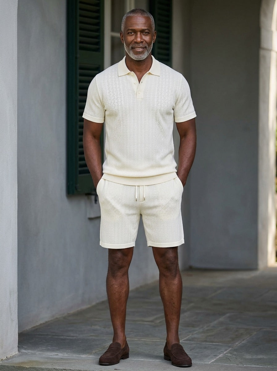 Carver jacquard polo and shorts set in Cream, lifestyle, Gentlemens Manor