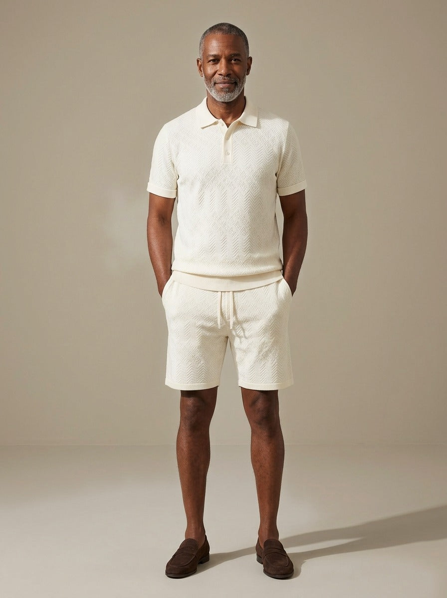 Carver jacquard polo and shorts set in Cream, studio, Gentlemens Manor