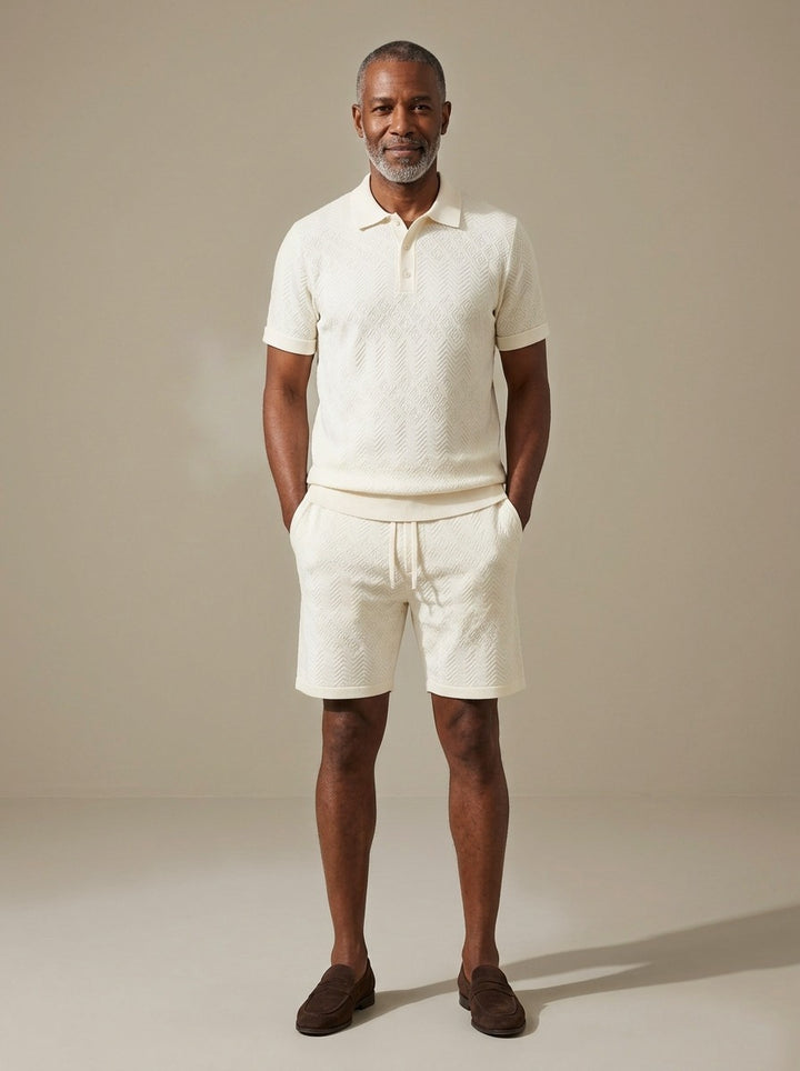 Carver jacquard polo and shorts set in Cream, studio, Gentlemens Manor