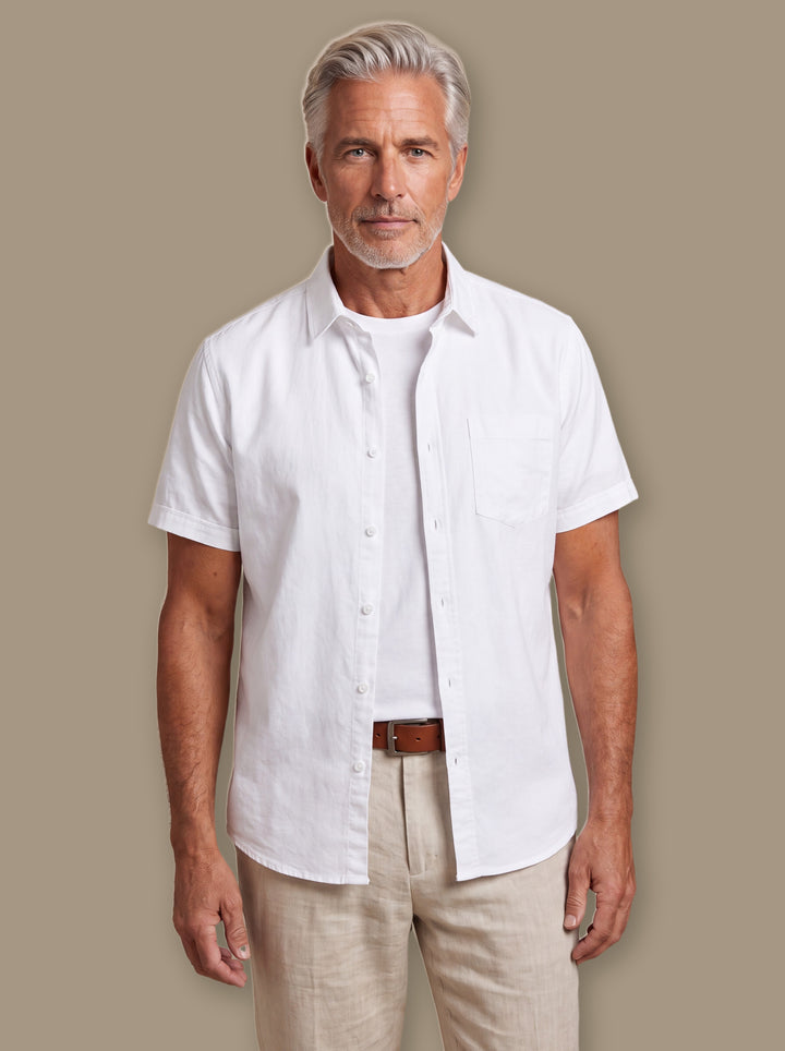 Cecil casual shirt in White, worn by a model on a warm taupe studio background - Gentlemens Manor