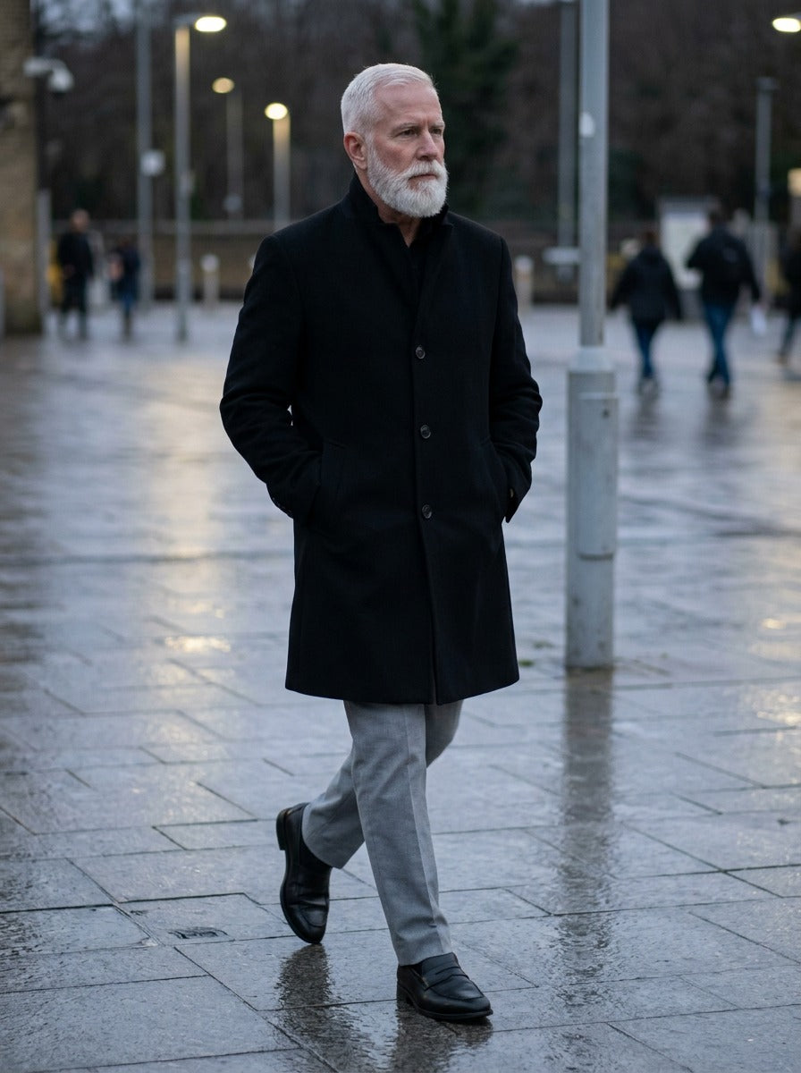 Cedric overcoat in Black, lifestyle, Gentlemens Manor