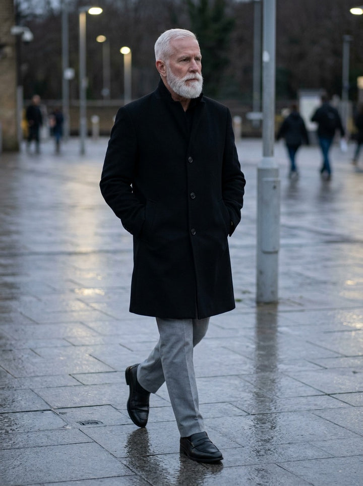 Cedric overcoat in Black, lifestyle, Gentlemens Manor