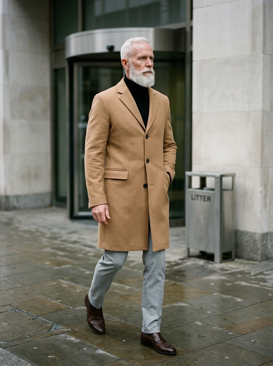 Cedric overcoat in Camel, lifestyle, Gentlemens Manor