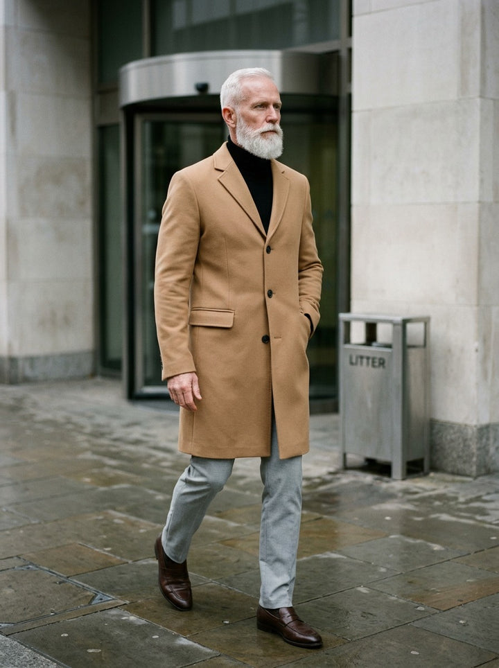 Cedric overcoat in Camel, lifestyle, Gentlemens Manor