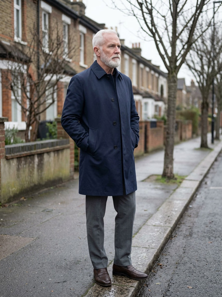 Cedric overcoat in Navy, lifestyle, Gentlemens Manor