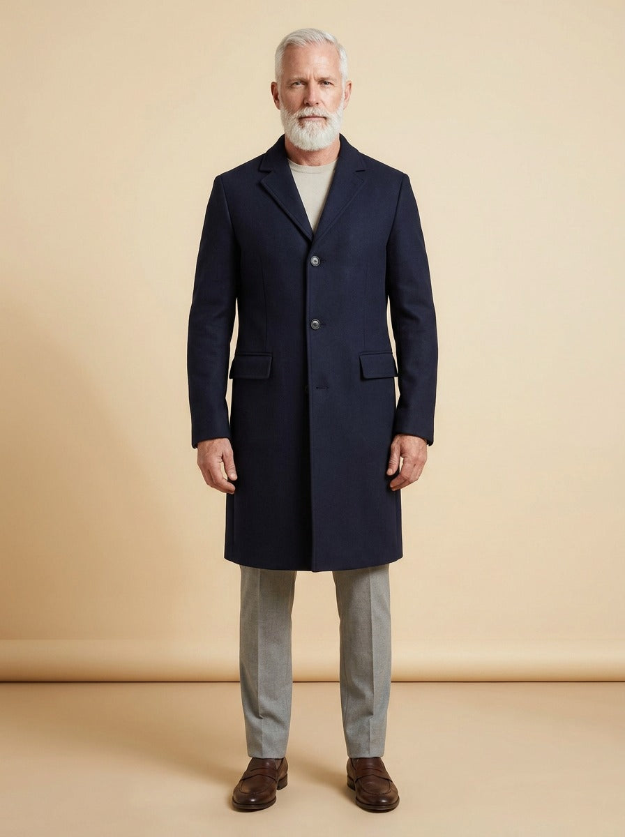 Cedric overcoat in Navy, studio, Gentlemens Manor