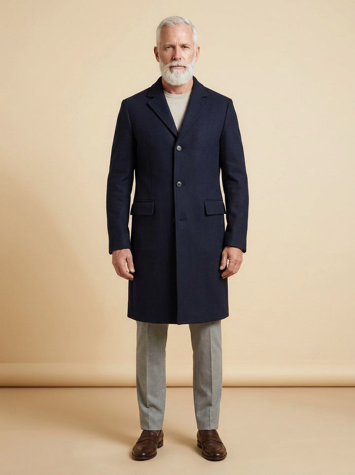 Cedric overcoat in Navy, studio, Gentlemens Manor